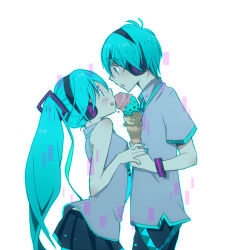 Rule 34 | 1boy, 1girl, aqua eyes, aqua hair, bad id, bad pixiv id, dual persona, eye contact, food, genderswap, genderswap (ftm), hatsune miku, hatsune mikuo, height difference, ice cream, ice cream cone, long hair, looking at another, meno, nail polish, profile, sideways mouth, skirt, very long hair, vocaloid