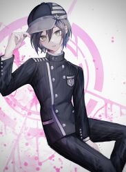 Rule 34 | 1boy, ahoge, black hair, black headwear, breast pocket, brown eyes, buttons, danganronpa (series), danganronpa v3: killing harmony, double-breasted, hair between eyes, hand up, highres, invisible chair, jacket, long sleeves, male focus, pants, pink background, pocket, saihara shuichi, shiki oki o, shirt, short hair, sitting, solo, striped clothes, striped jacket, striped pants, teeth, upper teeth only, white background