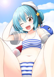 Rule 34 | 1girl, 1other, bikini, black ribbon, blue hair, blue sky, cloud, commentary request, day, dixie cup hat, double bun, fang, flat chest, from below, hair between eyes, hair bun, hat, ichimi, kantai collection, little blue whale (kancolle), looking at viewer, military hat, navel, navy cross, one eye closed, open mouth, ribbon, samuel b. roberts (kancolle), short hair, sky, smile, spread legs, striped bikini, striped clothes, swimsuit, whale, white headwear, yellow eyes