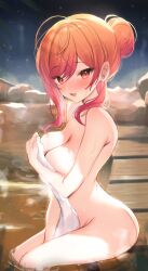 Rule 34 | 1girl, absurdres, ass, bare shoulders, blush, breasts, cleavage, covering privates, gradient hair, hair ornament, highres, hololive, hololive dev is, ichijou ririka, large breasts, long hair, looking at viewer, maru ccy, multicolored hair, naked towel, nude cover, onsen, open mouth, orange hair, pink hair, red eyes, sitting, smile, solo, swept bangs, towel, virtual youtuber, wet