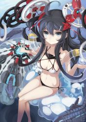 1girl bikini black_eyes black_hair breasts cleavage female_focus izuru_(timbermetal) legs light_smile long_hair original sitting smile solo swimsuit twintails