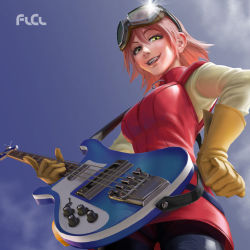 Rule 34 | 1girl, bass guitar, breasts, commentary, day, english commentary, flcl, freckles, gloves, goggles, goggles on head, green eyes, hair between eyes, hand on own hip, haruhara haruko, instrument, large breasts, lips, looking at viewer, looking down, mouth hold, nose, pants, parted lips, pink hair, plectrum, rickenbacker 4001, ruben de vela, short hair, smile, solo, strap, yellow gloves, zipper