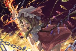 Rule 34 | 1girl, blonde hair, broken, broken chain, chain, cuffs, dress, fire, fire, flaming sword, flaming weapon, flandre scarlet, hat, hat ribbon, highres, laevatein, looking at viewer, pink eyes, red dress, ribbon, shackles, shirt, short sleeves, side ponytail, smile, solo, sorano eika, touhou, wings