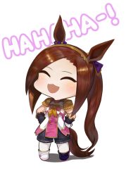 Rule 34 | 1girl, :d, ^ ^, animal ears, asymmetrical footwear, text background, black gloves, black shorts, blue footwear, blush, boots, brown hair, chibi, closed eyes, commentary request, dokomon, epaulettes, closed eyes, facing viewer, full body, gloves, highres, horse ears, horse girl, horse tail, jacket, korean commentary, long hair, mismatched footwear, open mouth, outline, ponytail, sakura bakushin o (umamusume), shadow, shorts, simple background, smile, solo, standing, tail, umamusume, very long hair, white background, white footwear, white gloves, white jacket, white outline