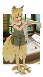 Rule 34 | 1girl, animal ear fluff, animal ears, barefoot, bed, blonde hair, blue eyes, blunt bangs, bob cut, camisole, cellphone, dressing, fox ears, fox girl, fox tail, highres, indoors, inverted bob, kono iona, kuro kosyou, morning, multiple tails, open mouth, original, phone, shirt, shorts, smartphone, solo, tail, tatami, white background, white shirt