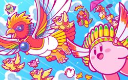 Rule 34 | beanie, bird, birdon (kirby), blue sky, blush stickers, bow, bowtie, bronto burt, chick, chicken, cloud, copy ability, dyna blade, dyna chick, flying, hang gliding, hat, headphones, kirby, kirby (series), looking at another, microphone, nintendo, official art, open mouth, pilot helmet, sky, smile, starman (kirby), tookey, twizzy, waddle dee, wing kirby