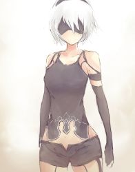 Rule 34 | black leotard, blindfold, breasts, cowboy shot, elbow gloves, expressionless, gloves, joints, leotard, mechanical parts, nier (series), nier:automata, robot joints, short hair, short shorts, shorts, silver hair, sleeveless, solo, standing, tank top, 2b (nier:automata)