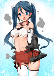 Rule 34 | 10s, 1girl, black hair, blue eyes, blue hair, blush, breasts, cowboy shot, detached sleeves, hair ribbon, isuzu (kancolle), kantai collection, large breasts, long hair, looking at viewer, matching hair/eyes, miki purasu, navel, open mouth, personification, ribbon, simple background, skirt, solo, thighhighs, torn clothes, torn thighhighs, twintails, underboob, white thighhighs