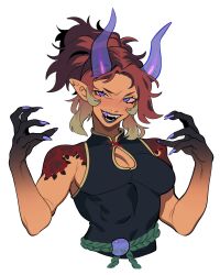 Rule 34 | 1girl, absurdres, bare arms, black hands, black lips, blush, breasts, colored extremities, demon horns, fangs, green hair, green rope, hair up, high collar, highres, horns, looking at viewer, multicolored hair, open mouth, original, pointy ears, porqueloin, purple eyes, purple nails, red hair, rope, rope belt, scar, scar on face, scar on mouth, sharp teeth, shirt, shoulder tattoo, simple background, sleeveless, sleeveless shirt, slit pupils, small breasts, solo, tattoo, teeth, translucent horns, upper body, white background