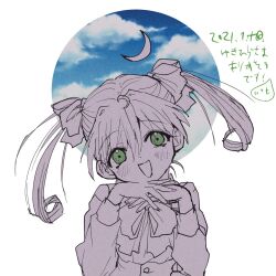 Rule 34 | 1girl, blue sky, blush, circle, cloud, crescent, green eyes, hair ribbon, highres, long sleeves, looking at viewer, medium hair, monochrome, neck ribbon, open mouth, own hands together, ribbon, sayonara wo oshiete, sitting, sky, smile, solo, spot color, straight-on, tamachi mahiru, twintails, upper body, zonsters