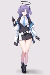 Rule 34 | 1girl, absurdres, belt, blue archive, blush, breasts, commentary request, full body, gloves, grey background, hair between eyes, highres, id card, jacket, karadaikon, looking at viewer, pen, purple eyes, purple hair, school uniform, shoes, simple background, smile, solo, thighs, yuuka (blue archive)