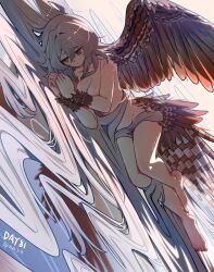 Rule 34 | 1girl, absurdly long hair, absurdres, arknights, bird girl, bird tail, breasts, brown feathers, brown wings, cleavage, commentary request, dated, feathered wings, feathers, gaoling gangqin, grey eyes, hair censor, head wings, highres, long hair, lying, medium breasts, mulberry (arknights), nude, on side, solo, tail, very long hair, white feathers, white hair, white wings, wings
