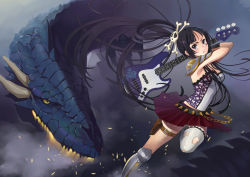 Rule 34 | 00s, 1girl, akiyama mio, armor, bass guitar, belt, black eyes, black hair, bustier, chain, dragon, greaves, hair up, instrument, k-on!, lingerie, long hair, panties, pantyshot, single thighhigh, skirt, skull and crossbones, solo, spikes, thigh strap, thighhighs, torn clothes, underwear, white panties, yang niangniang