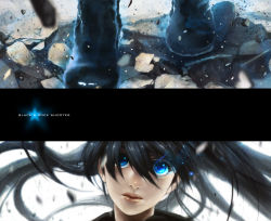 Rule 34 | 10s, 1girl, aura, bad id, bad pixiv id, black hair, black rock shooter, black rock shooter (character), blue eyes, boots, close-up, glowing, glowing eyes, highres, imaginaly blank, lips, solo, taki zen&#039;ichi, twintails