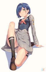 Rule 34 | 1girl, absurdres, black socks, blue hair, blush, breasts, brown footwear, darling in the franxx, eyes visible through hair, full body, green eyes, grey skirt, hair ornament, high-waist skirt, highres, ichigo (darling in the franxx), lips, long sleeves, looking at viewer, panties, pantyshot, parted bangs, sgt-jz, shadow, shirt, shoes, short hair, simple background, sitting, skirt, small breasts, socks, solo, thighs, underwear, uniform, white background, white panties