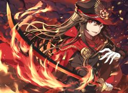 Rule 34 | 1girl, :d, akae neo, black hat, black jacket, cape, eyebrows visible through hat, fate/grand order, fate (series), fire, gloves, hair between eyes, hat, highres, holding, holding sword, holding weapon, jacket, katana, long hair, military, military hat, military uniform, oda nobunaga (fate), oda nobunaga (koha-ace), open mouth, red cape, red eyes, smile, solo, standing, sword, uniform, upper body, weapon, white gloves