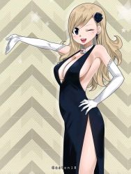 Rule 34 | 1girl, artist name, blonde hair, blue eyes, breasts, cleavage, colorized, dress, earrings, eden&#039;s zero, elbow gloves, evening gown, female focus, flower, gaston18, gloves, hair flower, hair ornament, hand on own hip, jewelry, large breasts, long hair, looking at viewer, mashima hiro, one eye closed, open mouth, rebecca bluegarden, sideboob, smile, solo, standing, thighs, white gloves