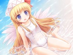 Rule 34 | 1girl, beach, blonde hair, blue eyes, blush, covered navel, fairy wings, hat, hat ribbon, highres, lily white, long hair, lzh, one-piece swimsuit, open mouth, ribbon, school swimsuit, see-through, sitting, solo, swimsuit, touhou, very long hair, wariza, water, wet, wet clothes, wet swimsuit, white school swimsuit, white one-piece swimsuit, wings