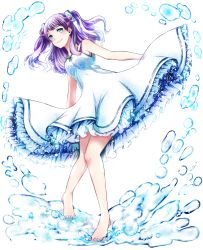 Rule 34 | 1girl, barefoot, blue eyes, blue nails, divine gate, dress, floating hair, full body, highres, leaning to the side, long hair, looking at viewer, mady (madine08260), nail polish, purple hair, simple background, sleeveless, sleeveless dress, smile, solo, sundress, toenail polish, toenails, twintails, white background, white dress