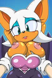 Rule 34 | 1girl, bat wings, blush, body fur, breasts, breasts out, furry, furry female, grabbing, grabbing another&#039;s breast, highres, large breasts, looking at viewer, rouge the bat, solo, sonic (series), sonicguru, third-party source, white fur, wings