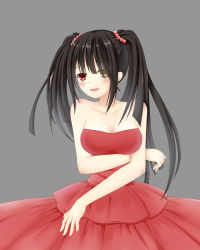 Rule 34 | 10s, 1girl, absurdres, alternate costume, bare arms, bare shoulders, black hair, blush, breast hold, breast lift, breasts, cleavage, clock eyes, collarbone, cuipi xiong, date a live, dress, female focus, grey background, heterochromia, highres, large breasts, long hair, neck, open mouth, red dress, red eyes, simple background, smile, solo, strapless, strapless dress, symbol-shaped pupils, tokisaki kurumi, twintails, yellow eyes