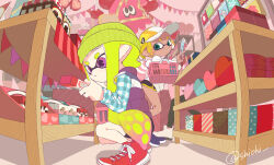 Rule 34 | 1other, 2girls, artist name, balloon, baseball cap, basket, beanie, bike shorts, black pants, black shorts, blonde hair, blue shirt, blush, box, box of chocolates, closed mouth, commentary request, dark-skinned female, dark skin, dolphin shorts, flag, frown, gift, gift box, gradient hair, green eyes, green hair, green headwear, hat, heart, heart-shaped box, heart balloon, highres, holding, holding basket, holding box, indoors, inkling, inkling girl, inkling player character, long hair, long sleeves, looking at viewer, multicolored hair, multiple girls, nintendo, pants, pink hair, plaid, plaid shirt, pointy ears, purple eyes, purple vest, red footwear, shelf, shiohi, shirt, shoelaces, shoes, shopping, shopping basket, short eyebrows, short hair, short shorts, shorts, sidelocks, smile, smirk, sneakers, splatoon (series), squatting, standing, string of flags, table, tentacle hair, twitter username, v-shaped eyebrows, valentine, very long hair, vest, walking, white headwear, white shirt, yellow headwear