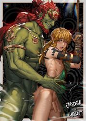Rule 34 | anal, arm tattoo, armlet, armpits, ass juice, bdsm, blonde hair, blue eyes, blush, colored skin, earrings, elf, flaccid, functionally nude, ganondorf, green skin, highres, jasdavi, jewelry, laosmut, link, long hair, male penetrated, muscular, muscular male, nintendo, one eye closed, pectorals, pointy ears, red eyes, red hair, restrained, size comparison, sweat, tattoo, the legend of zelda, wink, yaoi