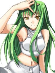 Rule 34 | 00s, 1girl, armpits, bare shoulders, breasts, c.c., code geass, crop top, green hair, hand up, long hair, looking at viewer, midriff, navel, pants, ribi, simple background, smile, solo, stomach, very long hair, white background, yellow eyes