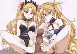 Rule 34 | 2girls, absurdres, asanagi, asymmetrical sleeves, barefoot, blonde hair, blue eyes, blush, bradamante (fate), bradamante (first ascension) (fate), braid, breasts, cleavage, cooperative footjob, crossed bangs, crown braid, detached collar, earrings, ereshkigal (fate), fang, fate/grand order, fate (series), feet, footjob, hair between eyes, hair ribbon, headdress, highres, hoop earrings, huge filesize, interracial, jewelry, large breasts, leotard, long hair, long toenails, multiple girls, necklace, non-web source, parted bangs, parted lips, penis, precum, red eyes, ribbon, simple background, sitting, spread legs, thighs, third-party edit, toenails, toes, trait connection, twintails, two side up, uncensored, uneven sleeves, very long hair, white background