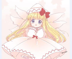 Rule 34 | 1girl, biyon, blonde hair, blue eyes, bow, commentary, cowboy shot, dress, hands up, hat, hat bow, lily white, long hair, long sleeves, looking at viewer, multiple wings, open mouth, pink background, red bow, smile, solo, symbol-only commentary, touhou, twitter username, white dress, white hat, wings