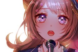 Rule 34 | 1girl, :o, bang dream!, brown hair, commentary request, frilled shirt collar, frills, hair ornament, lens flare, long hair, looking at viewer, mamaloni, microphone, music, portrait, purple eyes, simple background, singing, solo, star (symbol), star hair ornament, toyama kasumi, white background