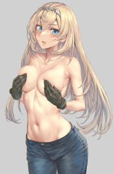 Rule 34 | 1girl, black gloves, black pants, blonde hair, blue eyes, breasts, collarbone, covering privates, covering breasts, cowboy shot, gloves, grey background, hair between eyes, hairband, highres, kantai collection, kokuzou, large breasts, long hair, navel, pants, simple background, solo, tiara, victorious (kancolle)