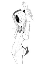 Rule 34 | 1girl, akadashi1210, arms up, black hair, black necktie, blue archive, blush, breasts, closed eyes, collared dress, demon horns, demon wings, dress, from side, gloves, halo, hat, highres, horns, jacket, kayoko (blue archive), military hat, monochrome, multicolored hair, necktie, open mouth, ponytail, simple background, single wing, small breasts, solo, stretching, tears, two-tone hair, white background, white dress, white gloves, white hair, white jacket, wings, yawning