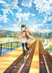 Rule 34 | 1girl, animal, bag, bird, black pants, blue sky, bridge, brown hair, camera, capri pants, cherry blossoms, city, cloud, commentary request, contrail, day, dog, dove, feathers, flower, green eyes, hat, hat flower, house, long sleeves, looking at viewer, no socks, noki (affabile), open mouth, original, outdoors, pants, petals, pink sweater, railing, railroad tracks, river, shoes, short hair, shoulder bag, sky, smile, sneakers, solo, sweater, walking
