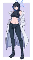 Rule 34 | 1girl, absurdres, bare shoulders, baseball cap, black footwear, black hat, black pants, black shirt, blue archive, blue eyes, blue hair, boots, breasts, coat, commentary request, crop top, full body, hands in pockets, hat, highres, kiteman442, large breasts, long hair, long sleeves, looking at viewer, midriff, navel, off shoulder, open clothes, open coat, pants, saori (blue archive), shirt, sleeveless, sleeveless shirt, solo, standing, stomach, thighs, white coat
