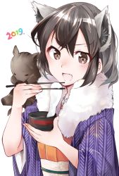 Rule 34 | 10s, 1girl, 2019, :d, alternate costume, animal ear fluff, animal ears, black hair, bowl, brown eyes, chinese zodiac, chopsticks, commentary request, common raccoon (kemono friends), fang, food, fur collar, grey hair, highres, japanese clothes, kemono friends, kimono, looking at viewer, medium hair, mochi, multicolored hair, nanana (nanana iz), new year, obi, open mouth, pig, raccoon ears, sash, simple background, smile, solo, upper body, white background, year of the pig