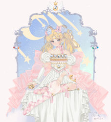 Rule 34 | 1girl, adapted costume, artist name, asymmetrical clothes, ballerina, bare shoulders, bishoujo senshi sailor moon, blonde hair, blue eyes, bow, choker, closed mouth, crescent, crescent facial mark, cross-laced footwear, detached sleeves, diamond (gemstone), double bun, dress, elivior, facial mark, flower, forehead mark, framed, gem, gold, hair bun, hair flower, hair ornament, highres, light smile, long hair, moon stick, out of frame, outside border, parted bangs, pink bow, pink footwear, pink ribbon, princess serenity, ribbon, ribbon choker, sailor moon, signature, single sleeve, single thighhigh, sitting, sky, solo, star (sky), starry sky, thighhighs, twintails, very long hair, white dress, white thighhighs