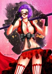 Rule 34 | 1girl, belo betty, black bow, black gloves, blue eyes, blunt bangs, bob cut, bow, breasts, cigarette, commentary request, cowboy shot, gloves, highres, holding, large breasts, looking to the side, one piece, oregano551, purple hair, red-tinted eyewear, red lips, red skirt, short hair, skirt, solo, striped clothes, striped thighhighs, sunglasses, thighhighs, tinted eyewear, twitter username, vertical-striped clothes, vertical-striped thighhighs