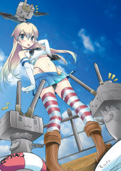 Rule 34 | &gt; &lt;, 10s, 1girl, :3, = =, absurdres, admiral (kancolle), anchor, blonde hair, blue eyes, blush, boots, closed eyes, colorized, crop top, elbow gloves, full-face blush, gloves, hair ornament, hair ribbon, highres, hyasumasa, innertube, kantai collection, lifebuoy, long hair, looking at viewer, machinery, microskirt, midriff, musical note, navel, panties, pantyshot, patterned legwear, personification, rensouhou-chan, ribbon, shimakaze (kancolle), skirt, socks, striped clothes, striped thighhighs, swim ring, thighhighs, tongue, turret, two-tone stripes, underwear, upskirt