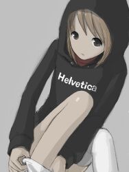 Rule 34 | 1girl, bad drawr id, bad id, brown eyes, brown hair, character request, closed mouth, clothes writing, copyright request, dressing, grey background, hood, hood up, hoodie, kokudou juunigou, legs, looking at viewer, oekaki, short hair, simple background, single thighhigh, sitting, solo, thighhighs, thighhighs pull, white thighhighs