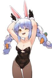 Rule 34 | 1girl, :d, animal ear fluff, animal ears, armpits, arms up, black gloves, black leotard, blue hair, bow, braid, breasts, brown eyes, brown pantyhose, carrot, carrot hair ornament, cleavage, cowboy shot, food-themed hair ornament, fur-trimmed gloves, fur trim, gloves, hair bow, hair ornament, highres, hololive, leotard, long hair, looking at viewer, medium breasts, multicolored hair, one eye closed, open mouth, pantyhose, peachpa, playboy bunny, rabbit ears, rabbit girl, rabbit pose, simple background, small breasts, smile, solo, standing, thick eyebrows, thigh gap, twin braids, two-tone hair, usada pekora, virtual youtuber, white background, white bow, white fur, white hair
