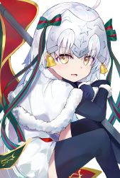 Rule 34 | 1girl, absurdres, ahoge, bell, black gloves, black thighhighs, bow, capelet, elbow gloves, fate/grand order, fate (series), fur-trimmed capelet, fur trim, gloves, green bow, green ribbon, headpiece, highres, jeanne d&#039;arc (fate), jeanne d&#039;arc alter santa lily (fate), long hair, ribbon, same (sendai623), silver hair, sitting, solo, striped bow, striped ribbon, thighhighs, white capelet, yellow eyes