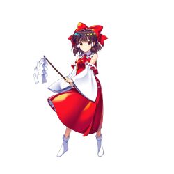 Rule 34 | 1girl, bow, brown eyes, brown hair, closed mouth, detached sleeves, embodiment of scarlet devil, full body, game cg, gohei, hair bow, hair tubes, hakurei reimu, highres, holding, looking at viewer, red bow, red shirt, red skirt, ribbon-trimmed sleeves, ribbon trim, rotte (1109), shirt, simple background, skirt, smile, solo, third-party source, touhou, touhou lostword, white background, white footwear, wide sleeves
