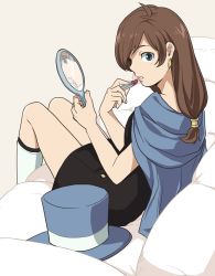 Rule 34 | 1girl, ace attorney, ahoge, apollo justice: ace attorney, blue eyes, blue hat, brown hair, cape, cosmetics, dress, earrings, hand mirror, hat, highres, jewelry, lipstick tube, long hair, looking at viewer, mirror, solo, sosamoto, top hat, trucy wright