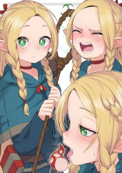 Rule 34 | 1girl, ambrosia (dungeon meshi), belt, blonde hair, blue capelet, blue robe, blush, border, braid, brown belt, capelet, choker, crying, dungeon meshi, eating, elf, flying sweatdrops, forehead, green eyes, grey border, hair ribbon, half-closed eyes, holding, holding staff, long hair, looking at viewer, marcille donato, multiple views, open mouth, outside border, pointy ears, red choker, red ribbon, ribbon, robe, saebashi, sidelocks, signature, simple background, smile, staff, steam, teeth, translation request, twin braids, twitter username, white background
