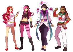 Rule 34 | 1boy, 3girls, aphelios, black choker, black gloves, black hair, blue eyes, boots, breasts, brown hair, choker, covered collarbone, creatures (company), cropped jacket, facing viewer, floating, game freak, gloves, green sailor collar, high heels, holding, illaoi, jacket, knee boots, league of legends, long hair, magic, medium breasts, miss fortune (league of legends), multiple girls, navel, nintendo, open clothes, open jacket, pants, pantyhose, parted lips, pink hair, pink jacket, pink legwear, poke ball, pokemon, red footwear, rope, sailor, sailor collar, short hair, smile, standing, stomach, teeth, torn clothes, torn legwear, vi (league of legends), vmat, white pants