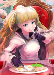 Rule 34 | absurdres, alcohol, blonde hair, cape, cup, drinking glass, earrings, eating, egg (food), eitri (fire emblem), fire emblem, fire emblem heroes, food, gloves, green eyes, highres, jewelry, knife, lettuce, long hair, nintendo, plate, prehensile hair, tomato, tri tails, wine, wine glass, yamaoka d1