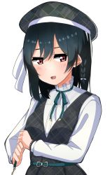 Rule 34 | 1girl, a pure and lovely moment (love live!), alternate hairstyle, artist name, artist request, belt, beret, black hair, black hat, black skirt, blue hair, bow, bowtie, braid, breasts, buttons, checkered clothes, checkered skirt, close-up, dark blue hair, dark green hair, dress, green belt, green bow, hair between eyes, hair ornament, hairclip, hat, highres, holding, long sleeves, looking at viewer, love live!, love live! nijigasaki high school idol club, love live! school idol festival, love live! school idol festival all stars, mifune shioriko, miniskirt, orange eyes, parted lips, plaid, plaid skirt, pleated, pleated skirt, puffy long sleeves, puffy sleeves, red eyes, sharp teeth, short hair, single braid, skirt, small breasts, smile, solo, teeth, white background, white bow, white dress