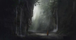 Rule 34 | 1other, bald, commentary request, dark, from behind, haru akira, light, orange robe, original, outdoors, robe, ruins, scenery, solo, standing, statue, stone walkway, water, waterfall