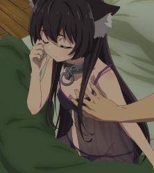 Rule 34 | 10s, 1boy, 1girl, animal ears, bed, black hair, breasts, closed eyes, closed mouth, collar, diablo (isekai maou), from above, grabbing, grabbing another&#039;s breast, highres, isekai maou to shoukan shoujo no dorei majutsu, kaneko shizue, long hair, metal collar, midriff, navel, on bed, pillow, rem galleu, screencap, see-through, small breasts, solo focus, stitched, third-party edit, wooden floor